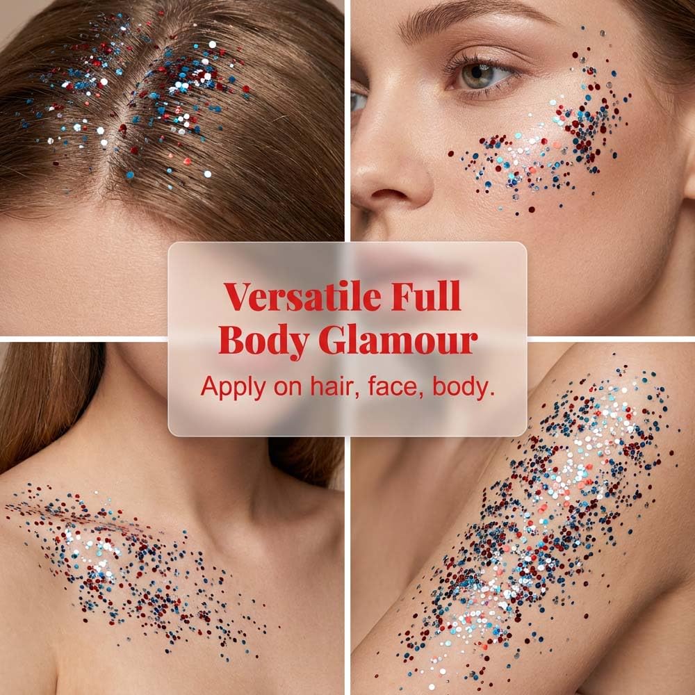 Waterproof Red White Blue Hair Glitter Stick for Patriotic Celebrations &Game Days, 4th of July Glitter Stick, Sparkling Face&Body Makeup with Star