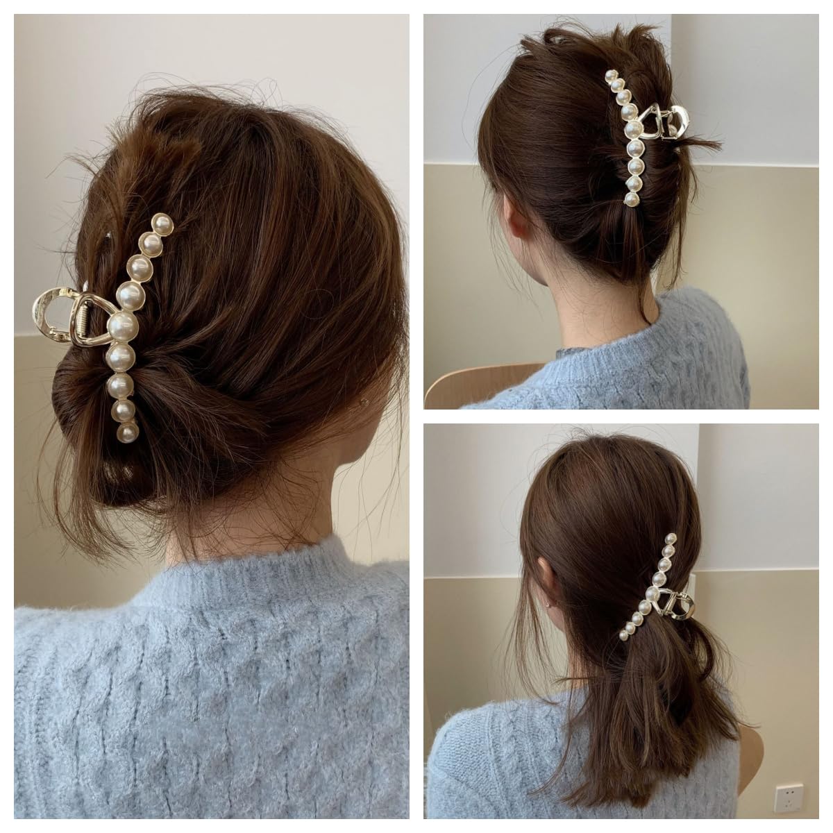 Rhinestone Hair Claw Clips, 4.4 Inch Vintage Metal Imitation Pearl Hair Jaw Clip for Women, Non Slip Hair Clamp Fashion Wedding Party Accessories