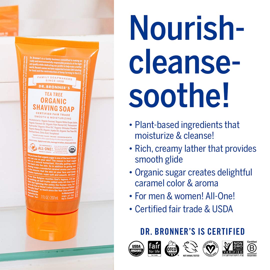 Dr. Bronner's - Organic Shaving Soap (Tea Tree, 7 Ounce) - Certified Organic, Sugar and Shikakai Powder, Soothes and Moisturizes for Close…