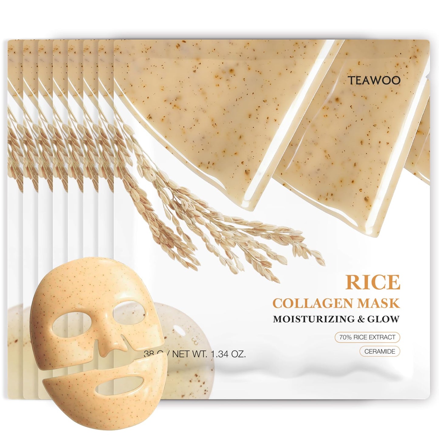 TEAWOO Rice Deep Collagen Face Mask, 38g x 8 EA, Moisturizing and Hydrating Overnight Facial Mask, Contains Ceramide & Collagen for Glass Glow Skin Beauty and Personal Care TEAWOO Default Title