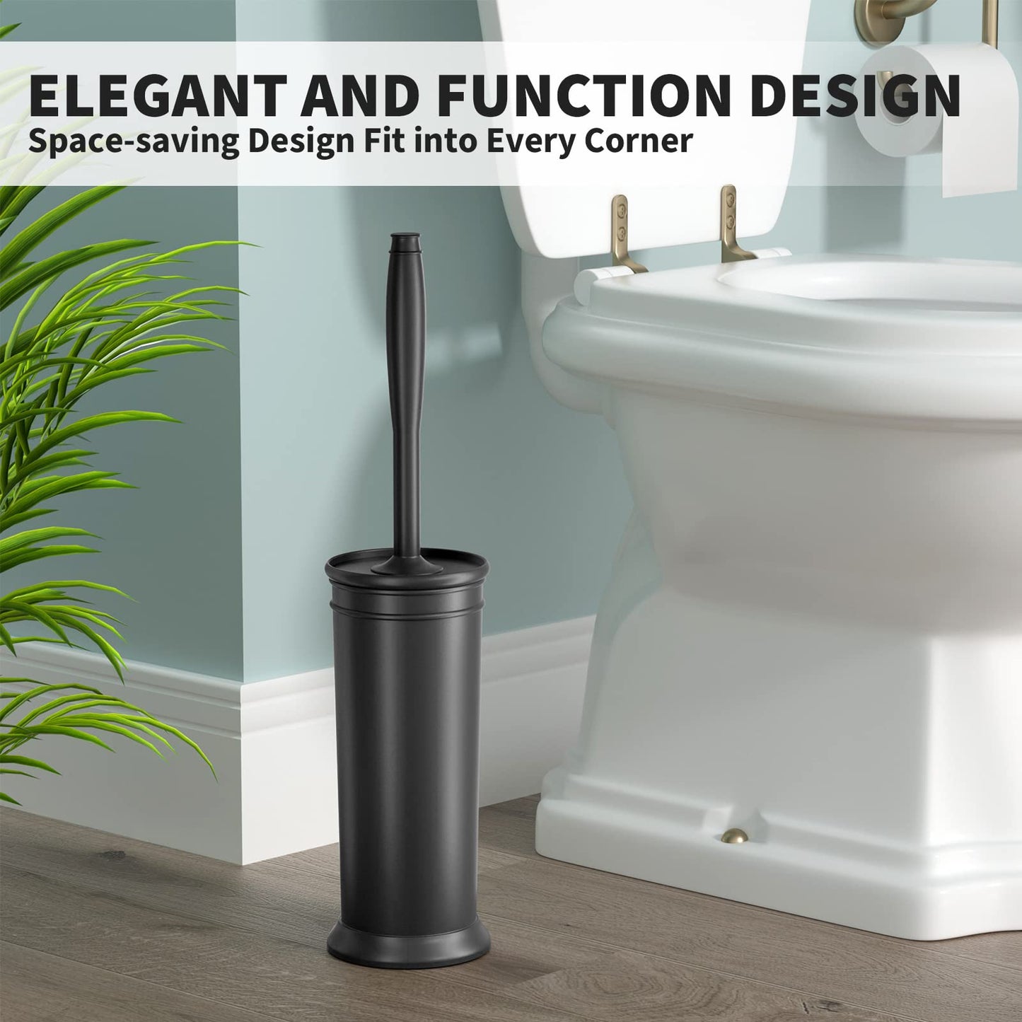 UPTRONIC Toilet Brush Set with Extra Long Handle & Durable Bristles, Covered Holder for Bathroom Cleaning, Black, 1 Set