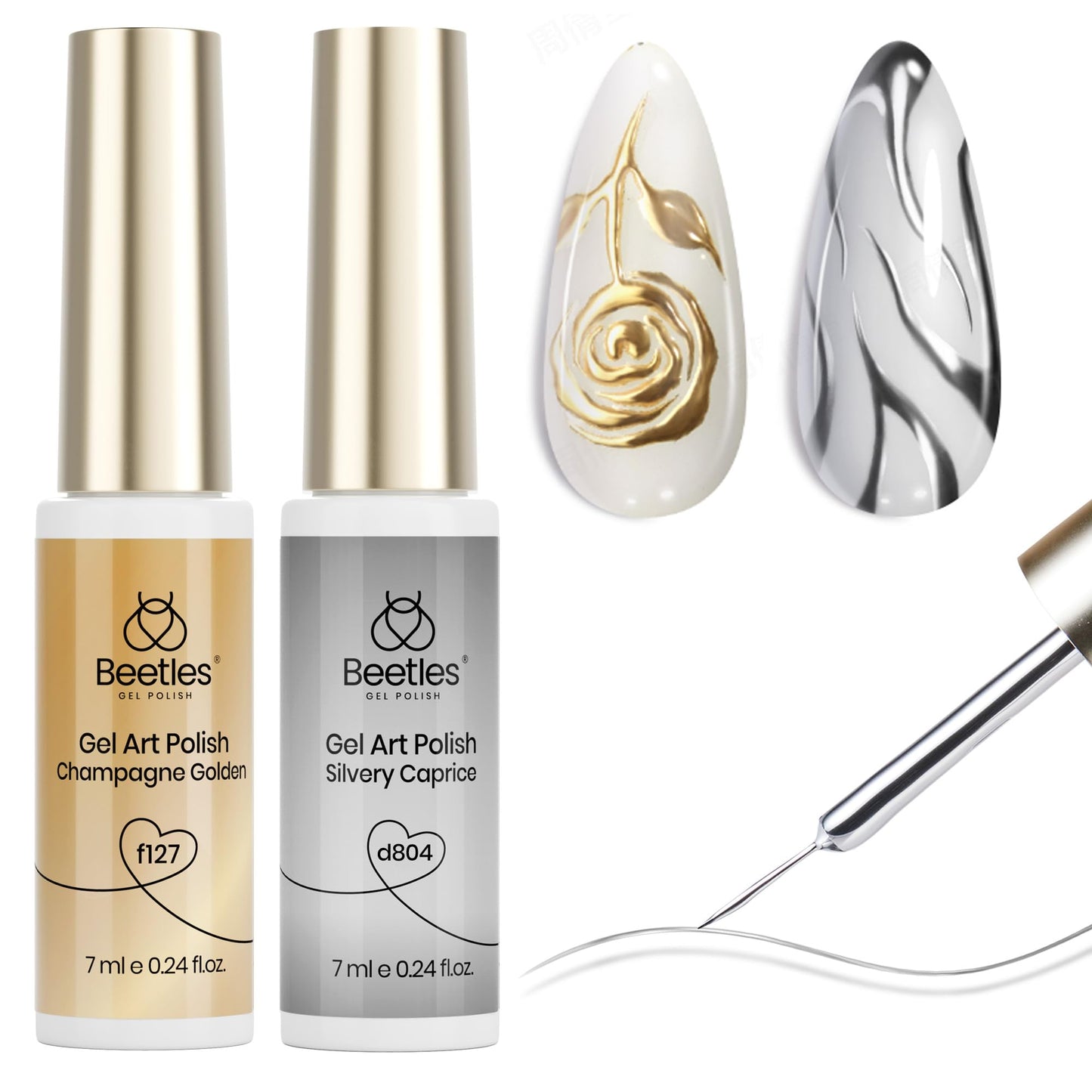 Beetles Metallic Gel Nail Polish Liner Set Silver Bronze Gold 2pcs Gel Liner Nail Art French Tip 3D High-Gloss Effect for Nails Paint Design Beauty and Personal Care beetles Gel Polish Default Title