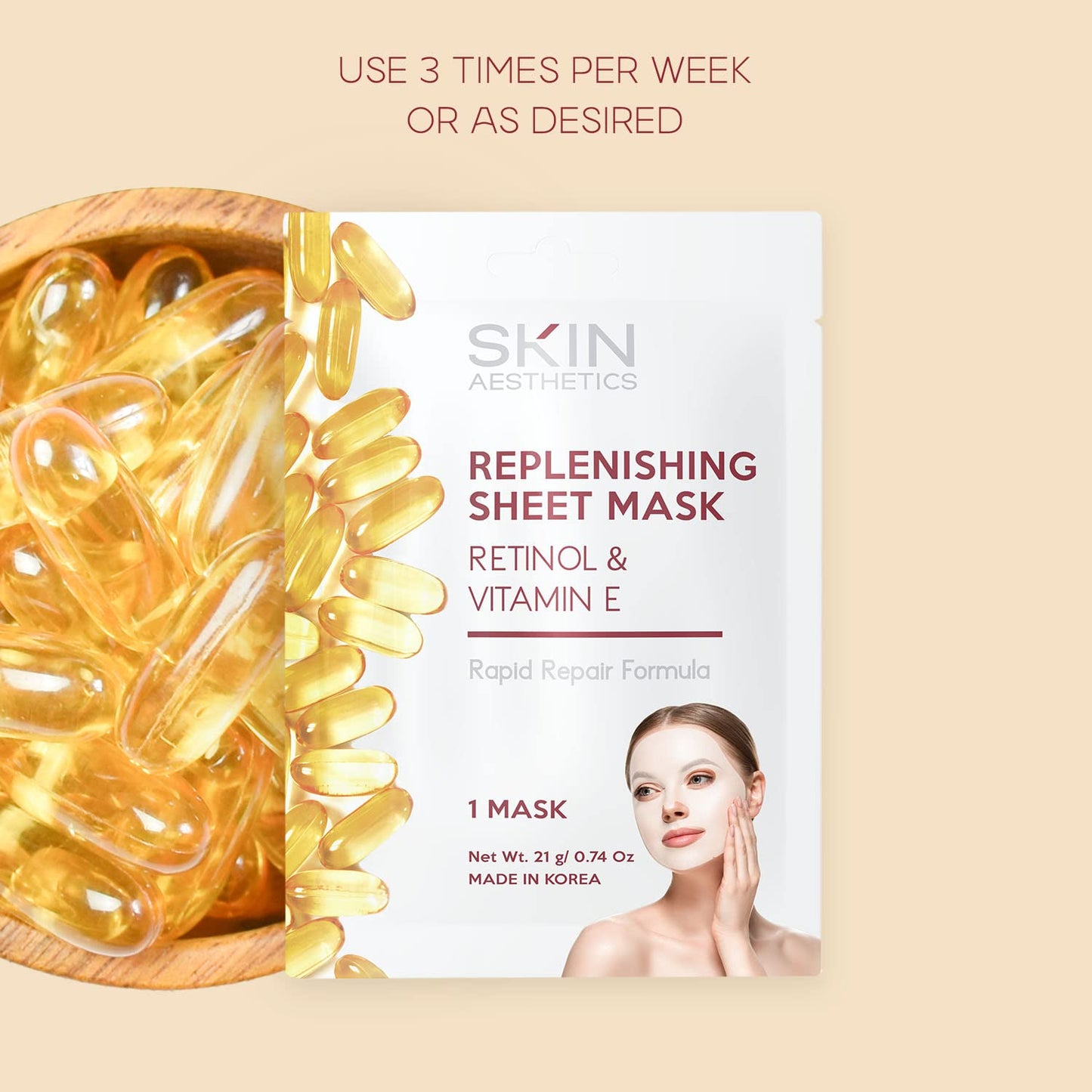 Skin Aesthetics Retinol & Vitamin E Sheet Face Mask - Repairs Skin, Diminishes Fine Lines & Wrinkles, Anti-Aging - Dermatologist Tested Korean