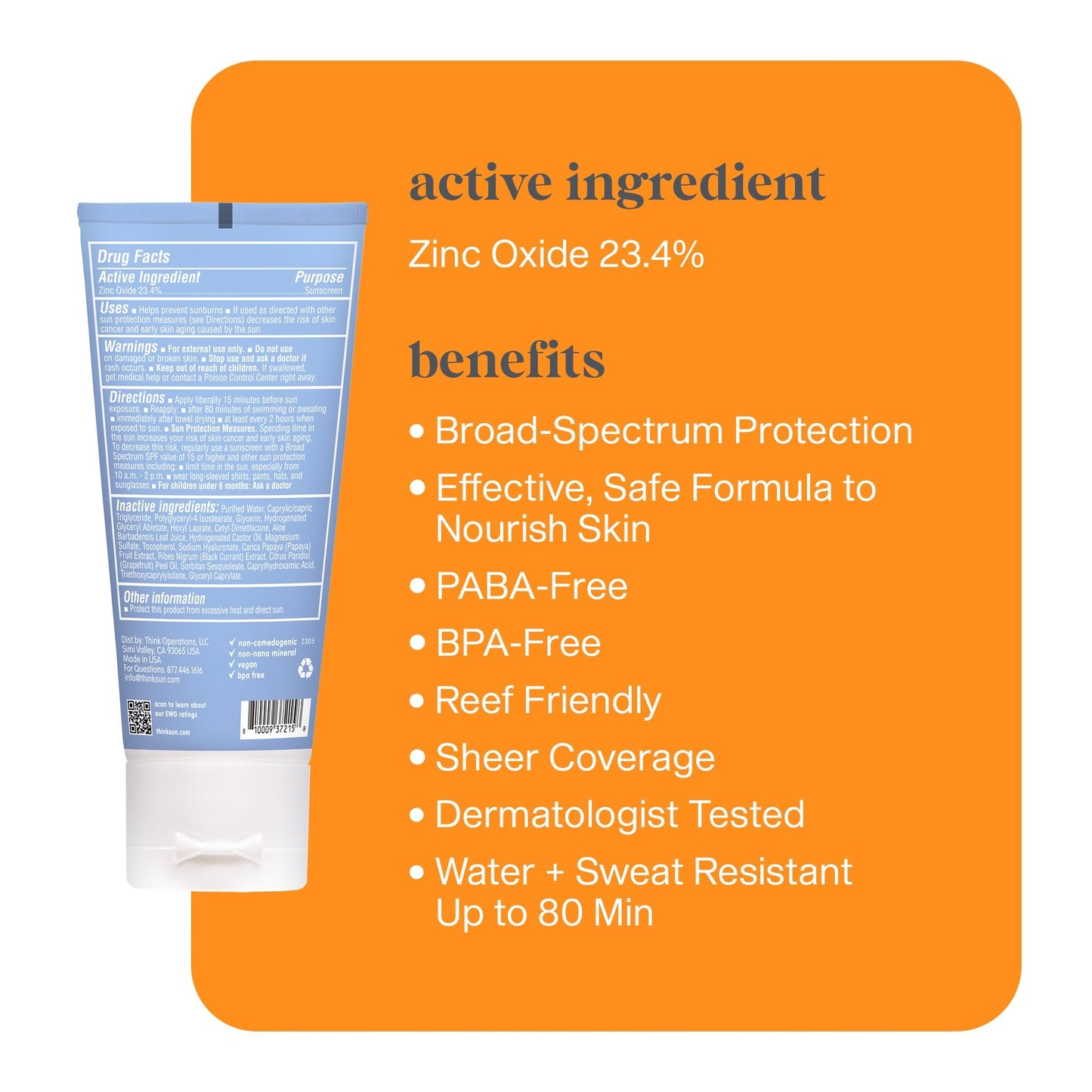 Thinksport SPF 50+ Sunscreen for Face with Clear Zinc Oxide, 2 Fl Oz - Safe, Natural, Water Resistant Face Sunscreen UVA/UVB Sun Protection - Vegan