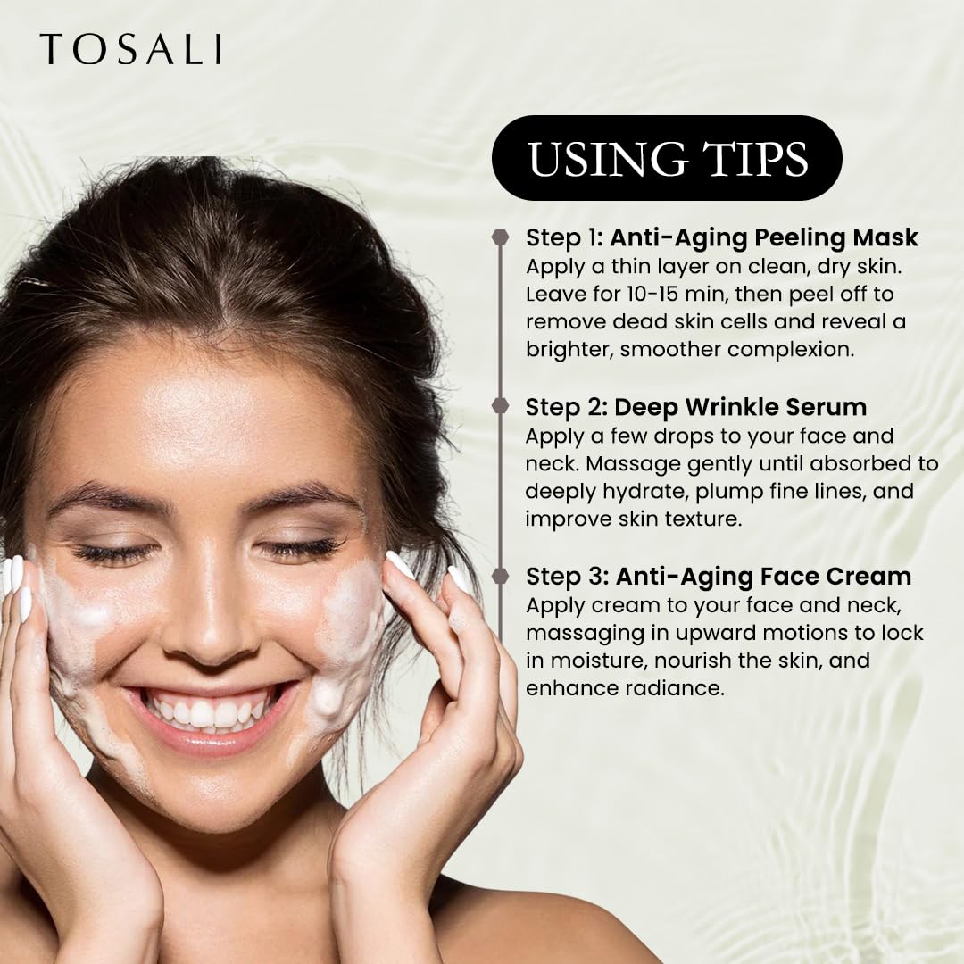 TOSALI Anti Aging Skincare Set - Daily Peeling Mask (6.8 oz), Deep Wrinkle Serum (1.7 fl oz) & Face Cream (1.7 oz) - Hydrating, Brightening, Wrinkle