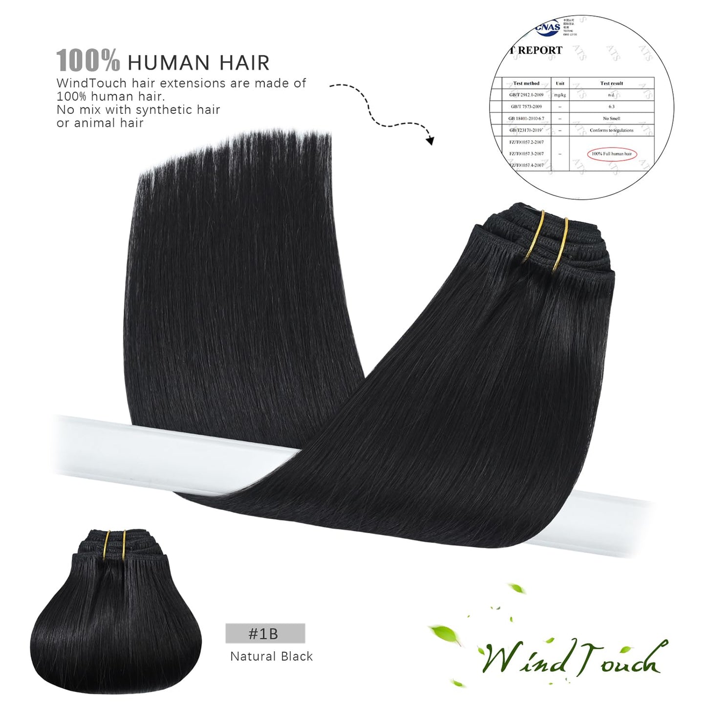 WindTouch Clip In Hair Extensions Real Human Hair Black Hair Extensions Remy Hair 7pcs 18 Inch 75g #1B Natural Black Clip Ins Real Human Hair Black