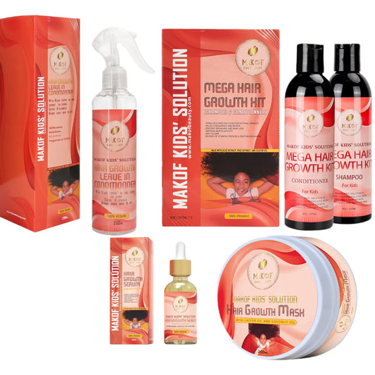 MAKOF Kid’s Hair Growth Set. Shampoo & Conditioner with black castor oil, Wheat Protein, Argan, Jojoba, Aloe Vera, , Mask Treatment and Leave-in