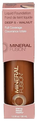 Mineral Fusion Full Coverage Foundation, Liquid Foundation - Deep 5- Deep Complexion w/Warm Undertones, Lightweight Matte Finish, Up to 12 Hr Hydration, Hypoallergenic & Vegan, 1 fl. oz