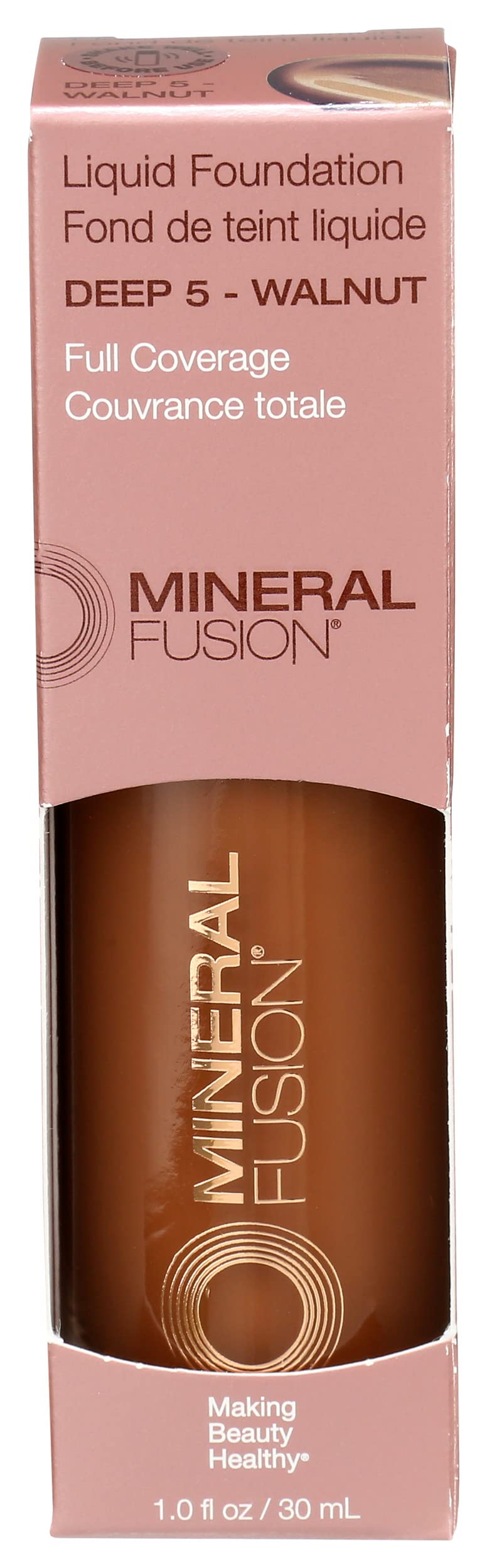 Mineral Fusion Full Coverage Foundation, Liquid Foundation - Deep 5- Deep Complexion w/Warm Undertones, Lightweight Matte Finish, Up to 12 Hr Hydration, Hypoallergenic & Vegan, 1 fl. oz
