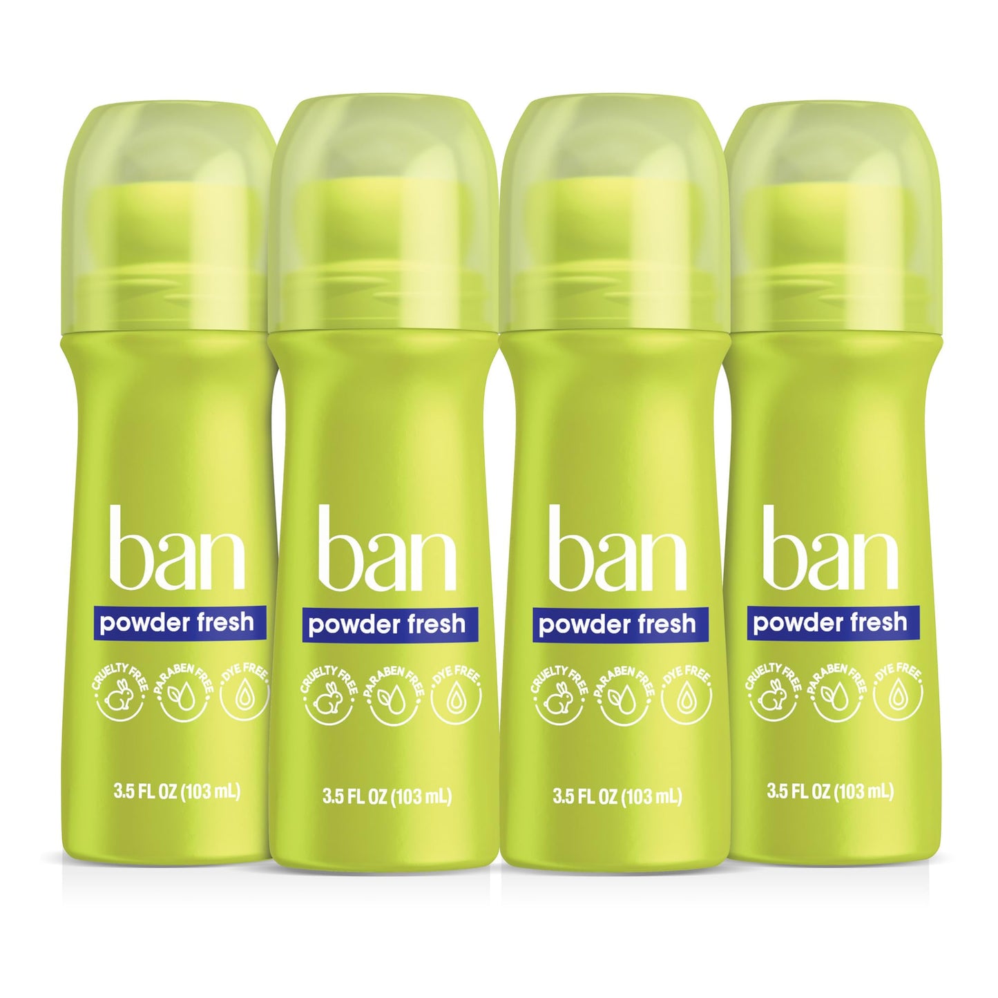 Ban Invisible Roll-on Antiperspirant Deodorant for Women and Men, 24-hour Underarm Odor & Sweat Protection, Powder Fresh, 3.5 Oz, Pack of 4