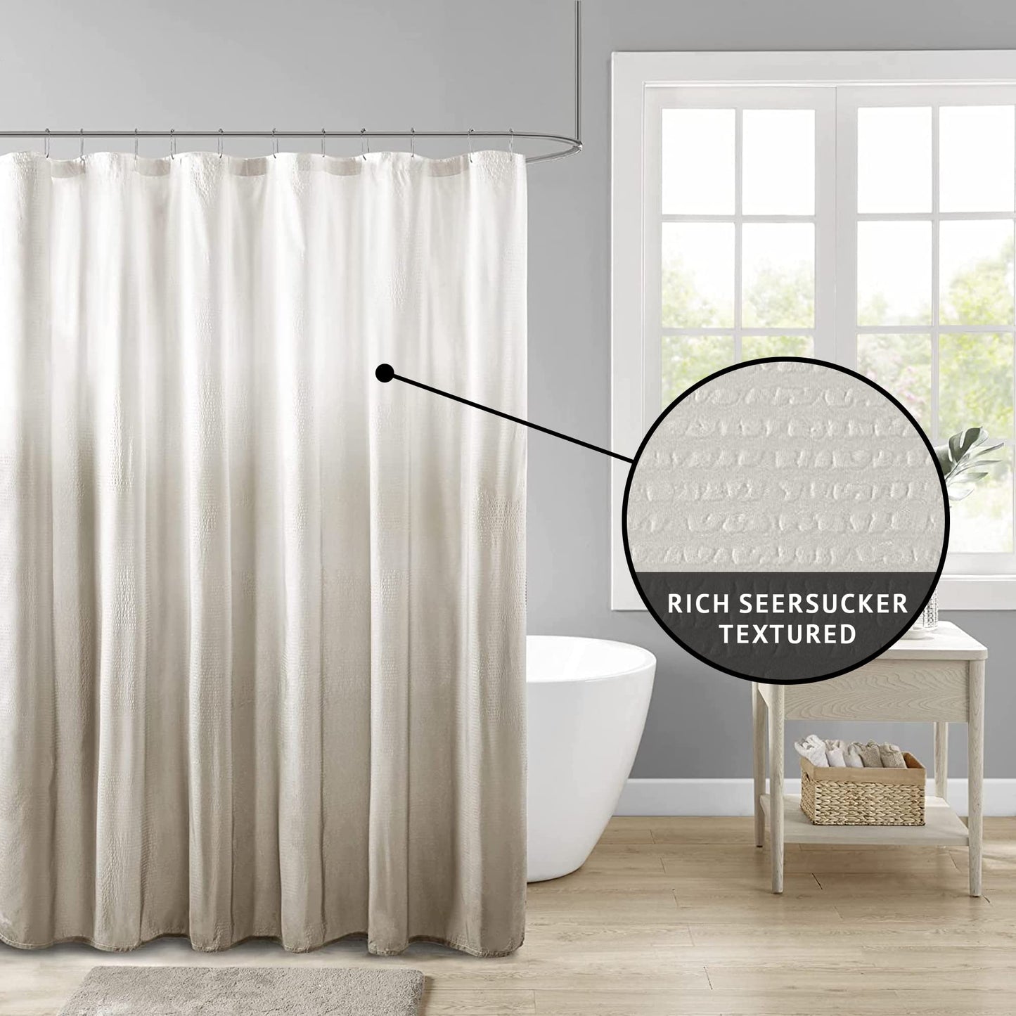 Madison Park Ara Shower Curtain, Seersucker Design Ombre Print, Modern Bathroom Decor, Machine Washable, Fabric Privacy Screen, 72x72, Taupe