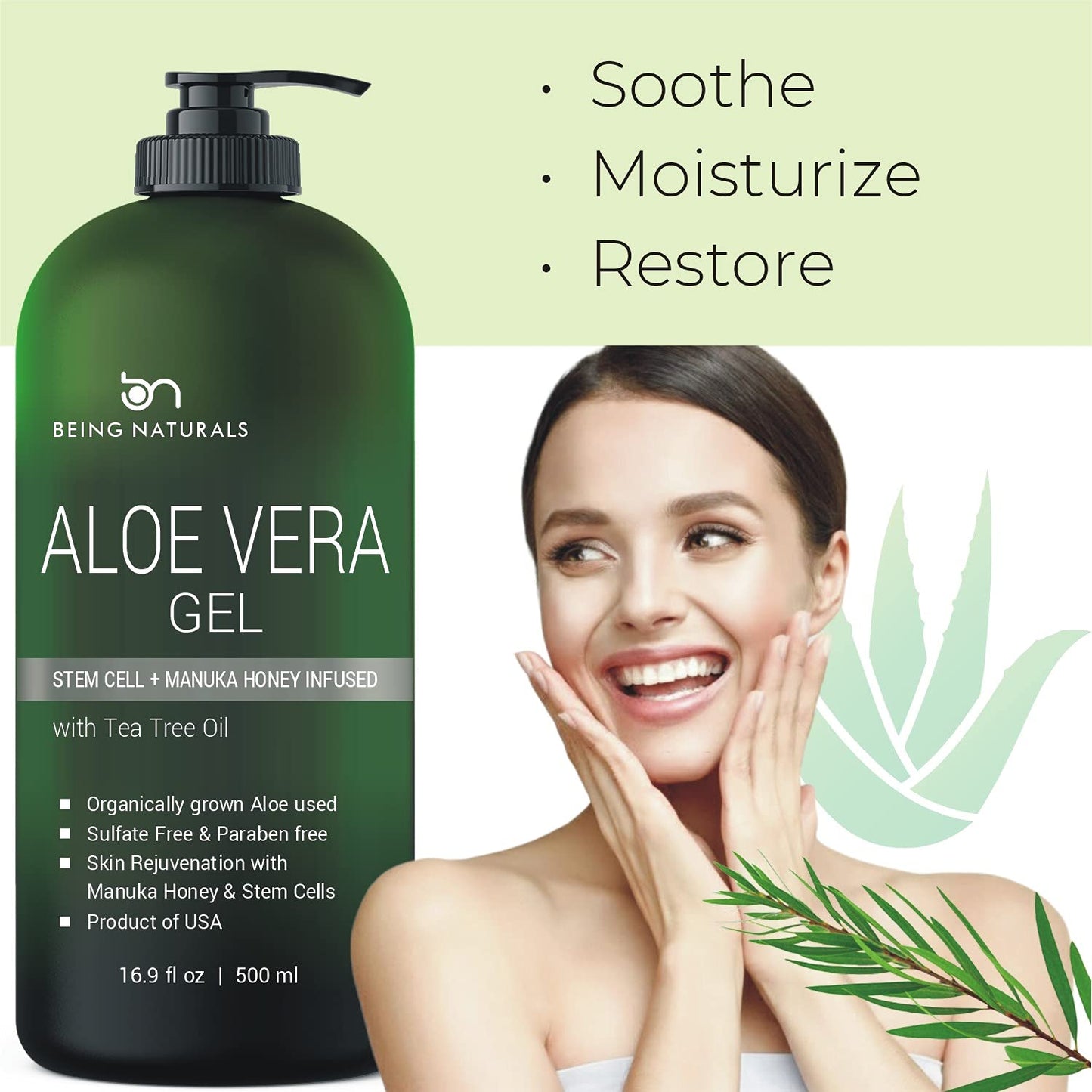 Aloe vera Gel - from 100% Pure Organic Aloe Infused with Manuka Honey, Stem Cell, Tea Tree Oil - Natural Raw Moisturizer for Face, Body, Hair. Perfect
