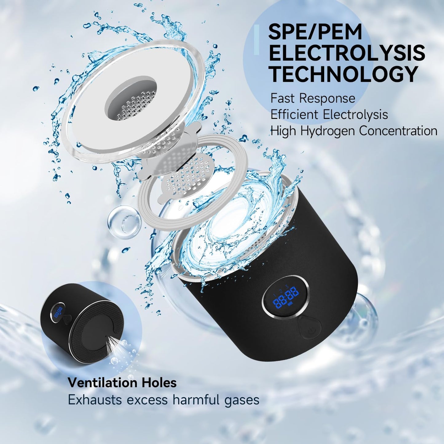 Hydrogen Water Bottle with Three Modes Produces 5000 PPB of Hydrogen Water in 8 Minutes,Made of Aluminium and Glass,with Colorful Light,Rechargeable