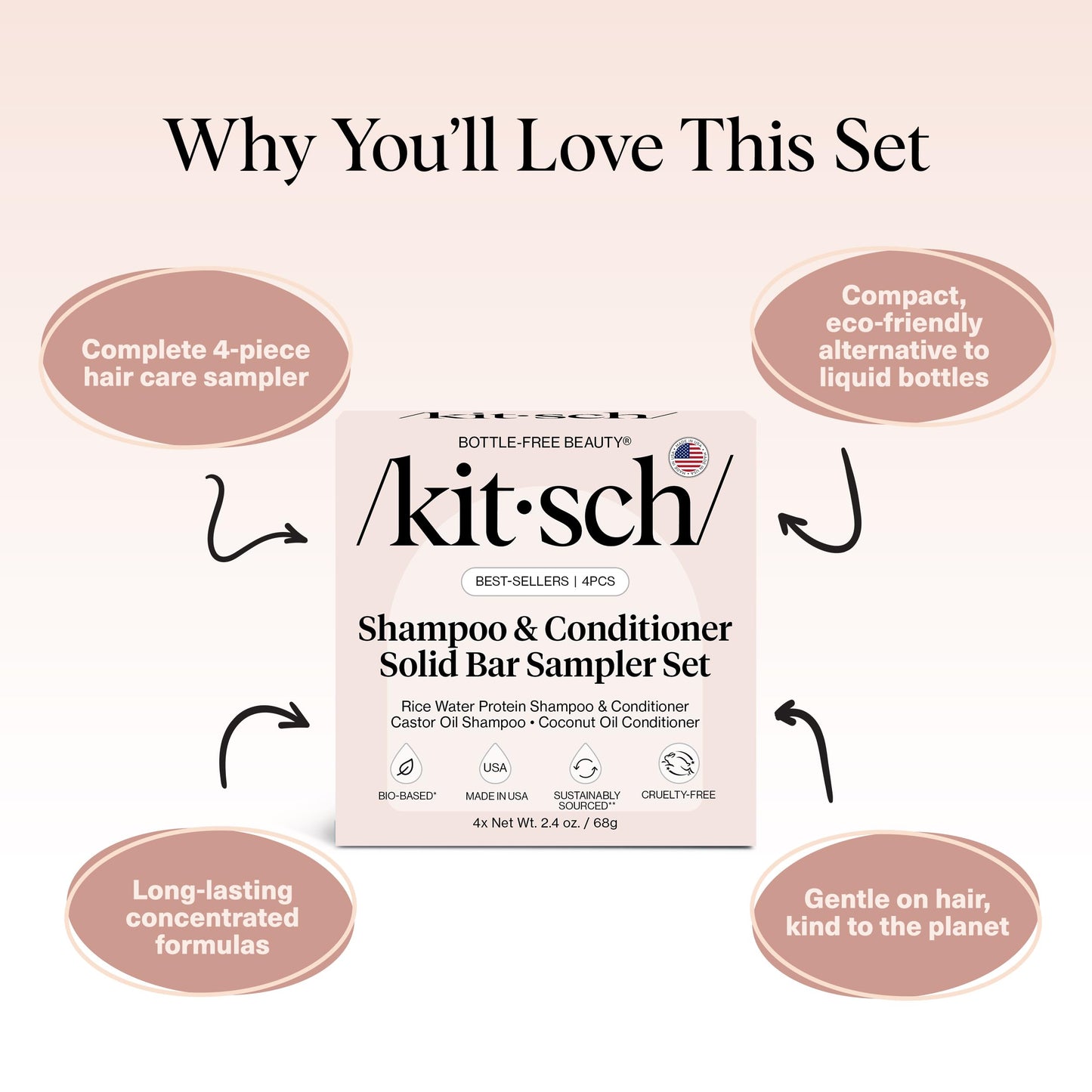 Kitsch Shampoo and Conditioner Set - 4pc Sampler Bars with Rice Water Shampoo and Conditioner, Castor Oil Shampoo & Coconut Oil Conditioner