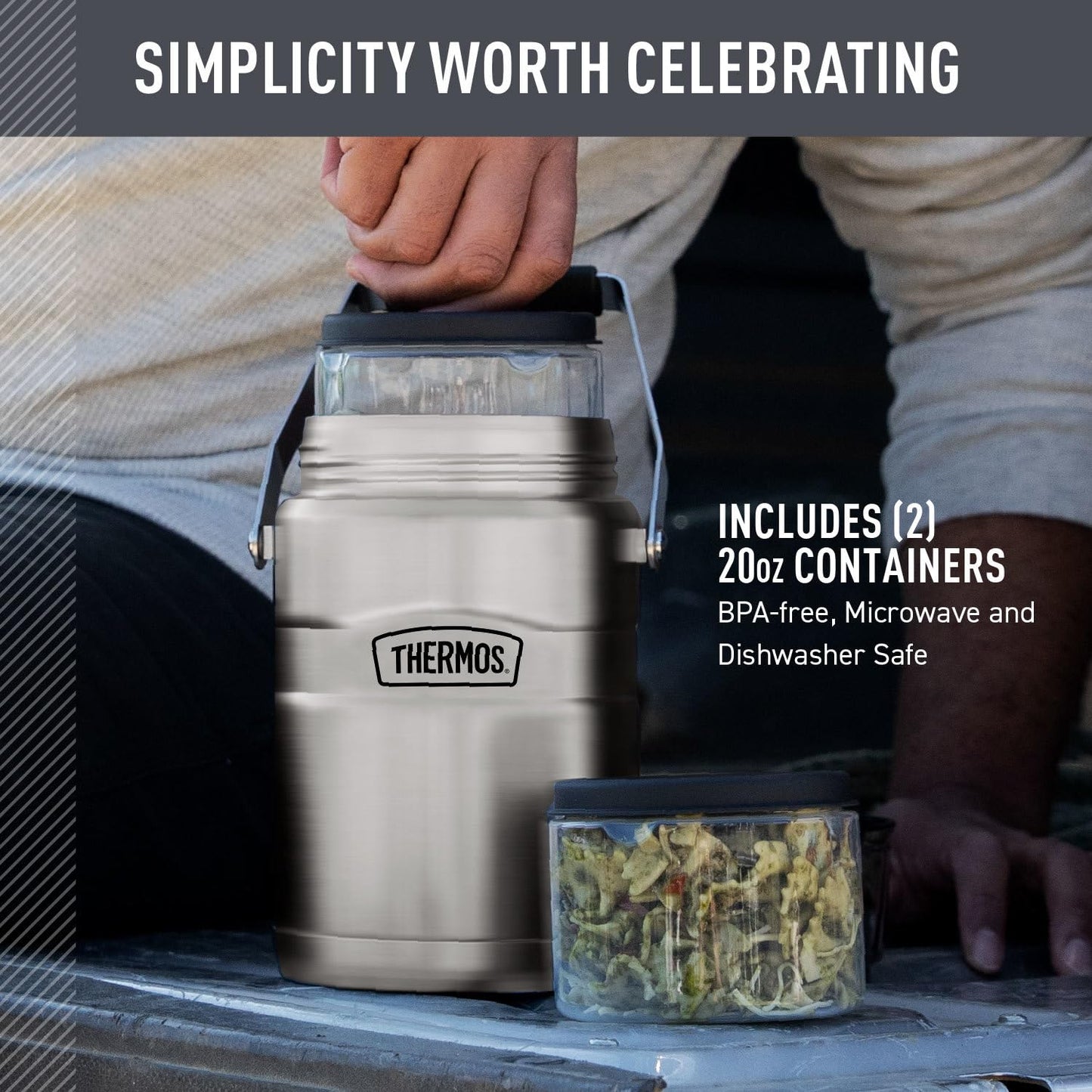 THERMOS Stainless King Vacuum-Insulated Food Jar with 2 Storage Container Inserts, 47 Ounce, Matte Steel