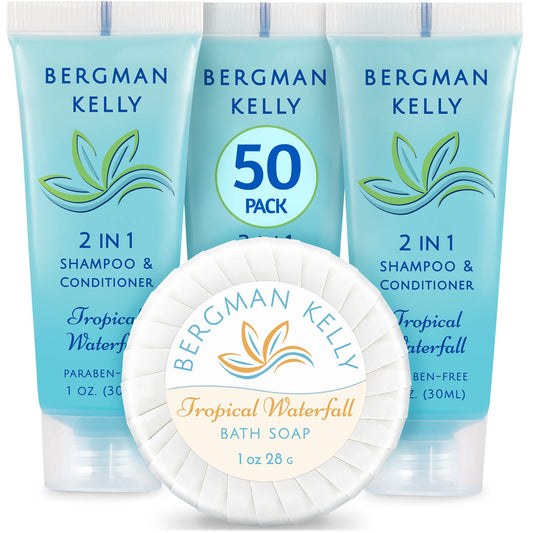BERGMAN KELLY Round Soap Bars, 2in1 Shampoo & Conditioner 2-Piece Set (Tropical Waterfall, 1 oz each, 100 pc), Delight Your Guests with Revitalizing