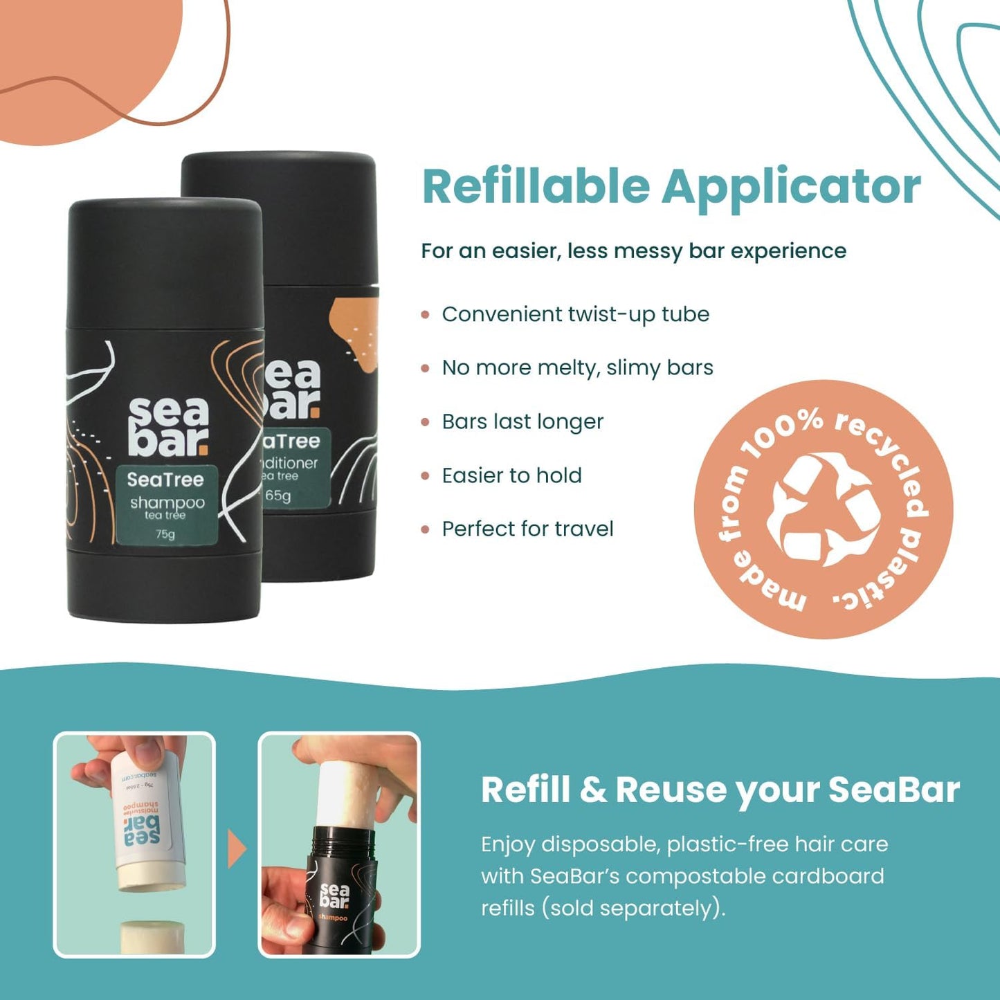 SeaBar Shampoo & Conditioner Bar Set - All Natural Hair Shampoo - Vegan, Sulfate-Free, Eco Friendly Zero Waste Reusable Packaging with Travel