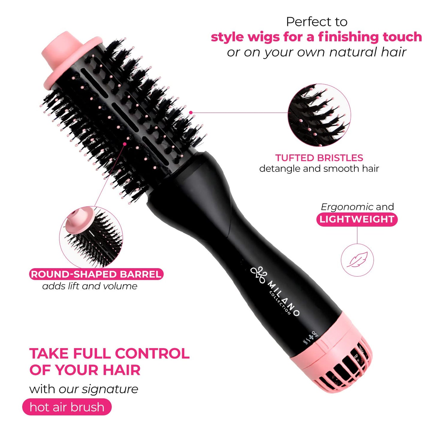 Milano Collection Hot Air Hair Brush Dryer, Quick & Easy Styling, Hair Volumizer for Human Hair Wigs & Natural Hair, Lightweight Round-Shaped Barrel