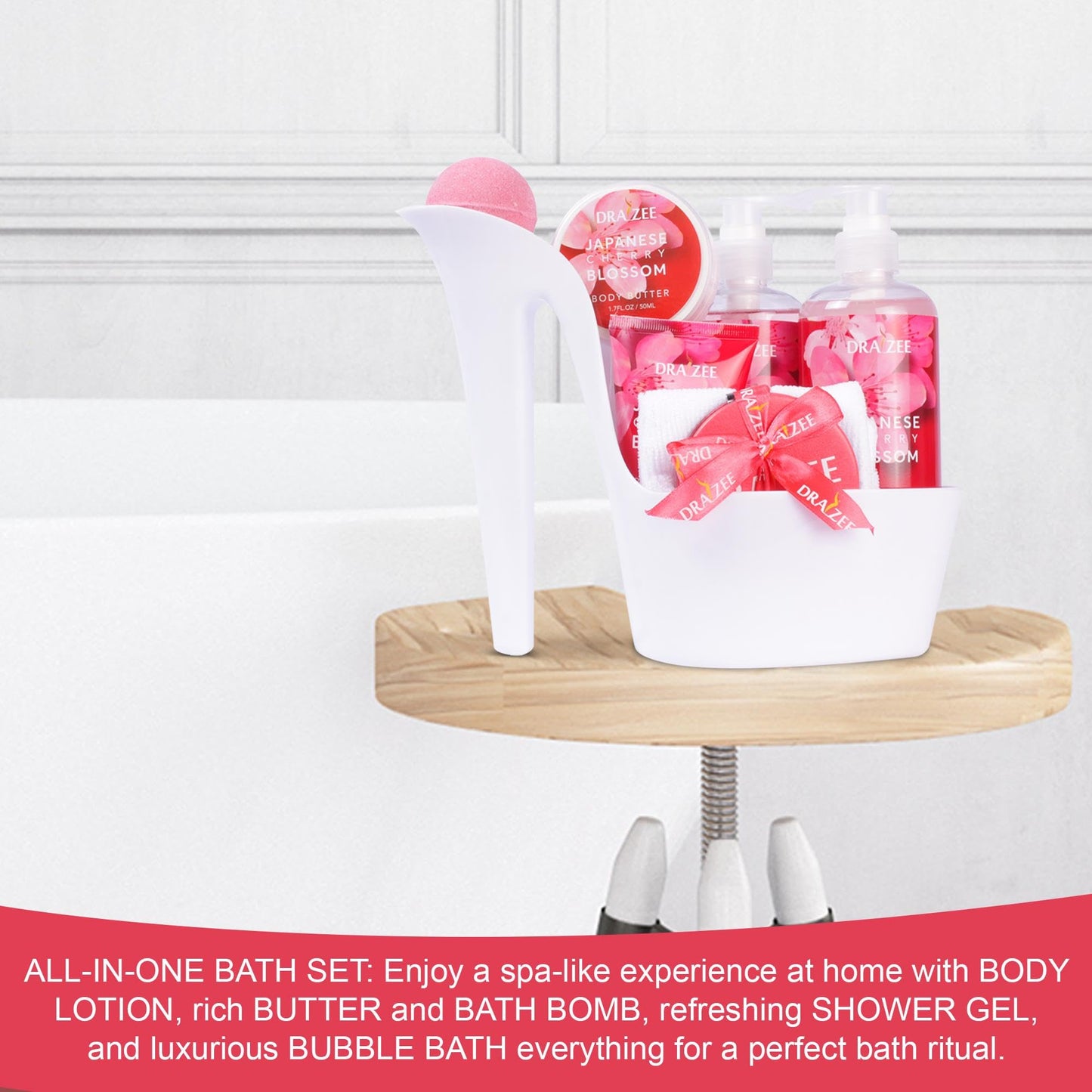 Valentine’s Day Gifts for Women - 8 Pc Spa Gift Baskets for Women, Cherry Blossom Scented Heel Shoe Spa Basket, Elegant Bath Set, Romantic Spa Gift