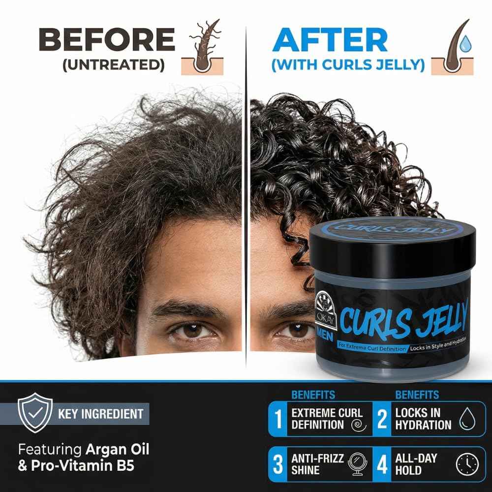 OKAY Men’s Curls Jelly, 7 oz - Curl Defining Styling Gel for Men, Lightweight Hold, Frizz Control & Natural Shine, Paraben-Free Hair Jelly for Curly