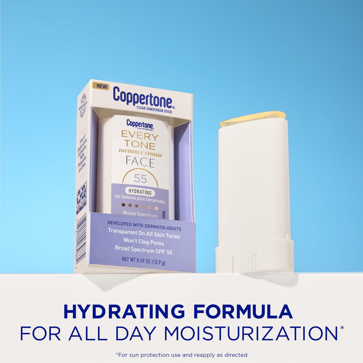 Coppertone Every Tone Invisible Finish Hydrating UV Defense Face Sunscreen Stick SPF 55 with Moisturizing Ceramides, Blends in Clear Sunscreen for All