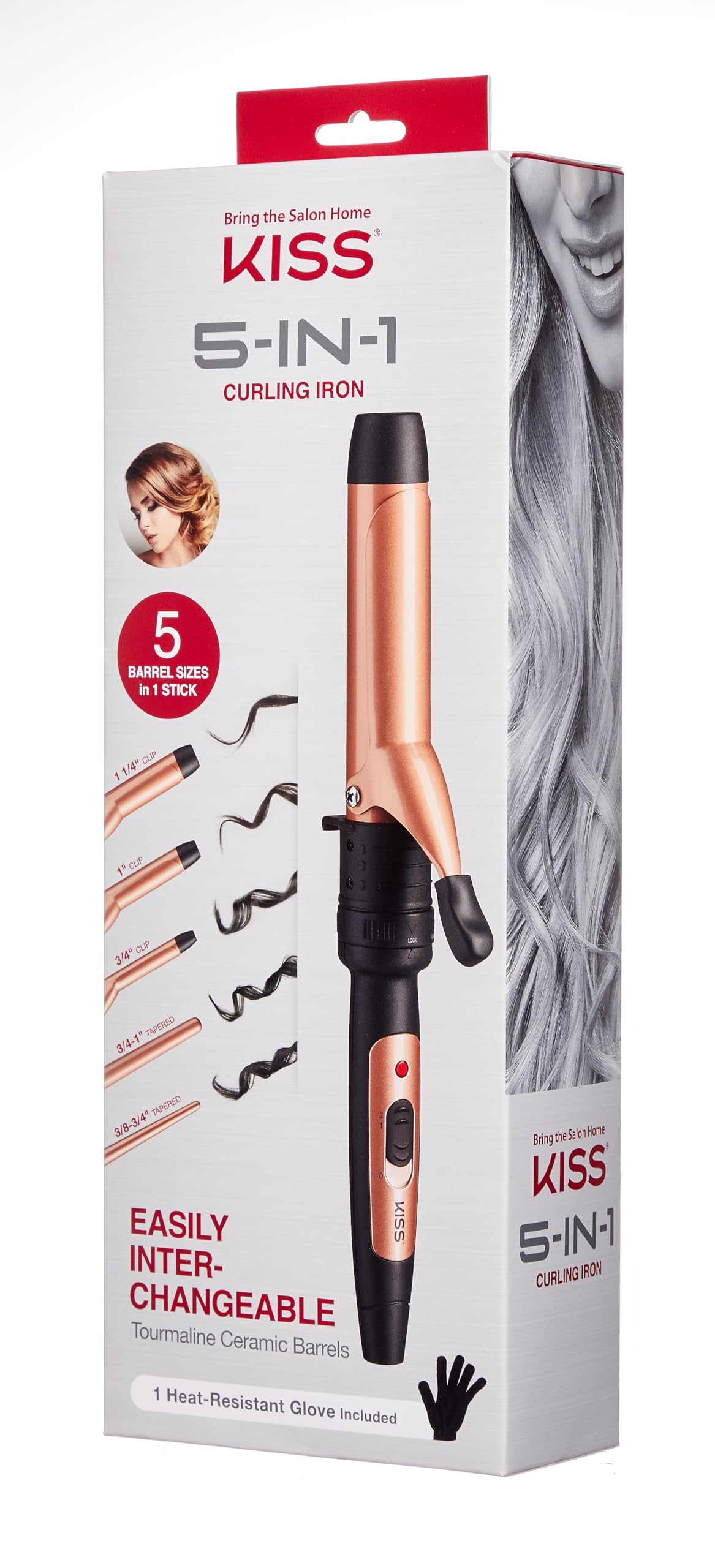 KISS 5-in-1 Curling Iron, Interchangeable Tourmaline Ceramic Curling Wand Set with 3 Styling Clips & 2 Wands, 2 Heat Settings, Heat Resistant Glove