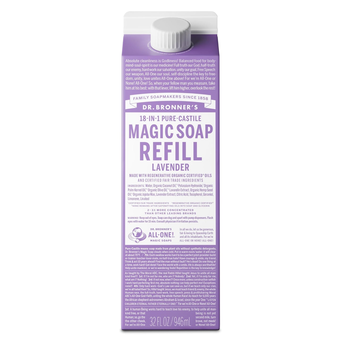 Dr. Bronner's Pure-Castile Liquid Magic Soap Refill - Made with Regenerative Organic Certified Oils, 86% Less Plastic per Quart - 18-in-1 Uses