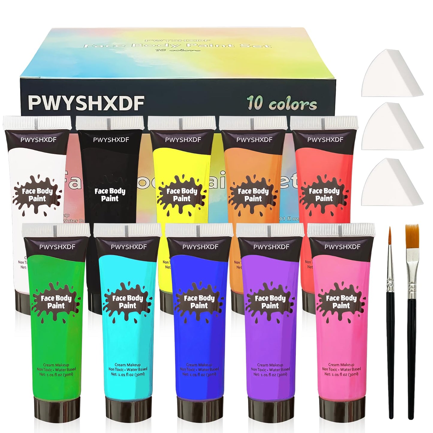 PWYSHXDF 10 Colors Face Body Paint Set, Water Based Body Paint for Adults, Washable Face Paint Kit with Brushes & Sponges, Non-Toxic Face Painting