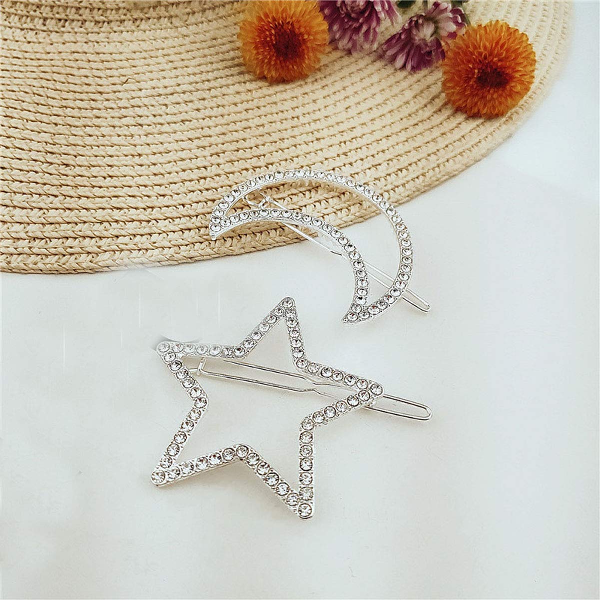 2 Pcs Silver Rhinestone Crystal Geometric Stars Moon Hair Clip Fashion Woman Hollow Side Clip Barrettes Hairpin Hair Accessories
