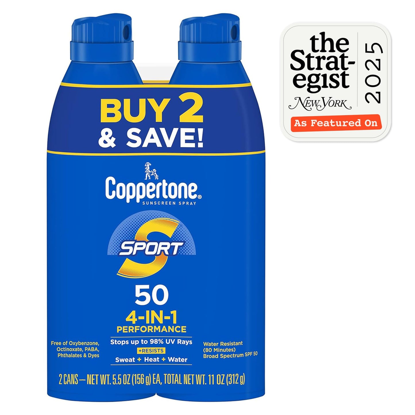 Coppertone Sport SPF 30 Sunscreen Spray, Body Sunscreen, Water Resistant Spray Sunscreen, 5.5 Oz, Pack of 2 (Packaging May Vary)