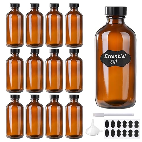BPFY 12 Pack 8 oz Amber Glass Boston Bottle With Black Poly Cap, Funnel, Chalk Labels, Pen, Dispensing Bottles for Homemade Vanilla Extract, Essential