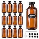 BPFY 12 Pack 8 oz Amber Glass Boston Bottle With Black Poly Cap, Funnel, Chalk Labels, Pen, Dispensing Bottles for Homemade Vanilla Extract, Essential