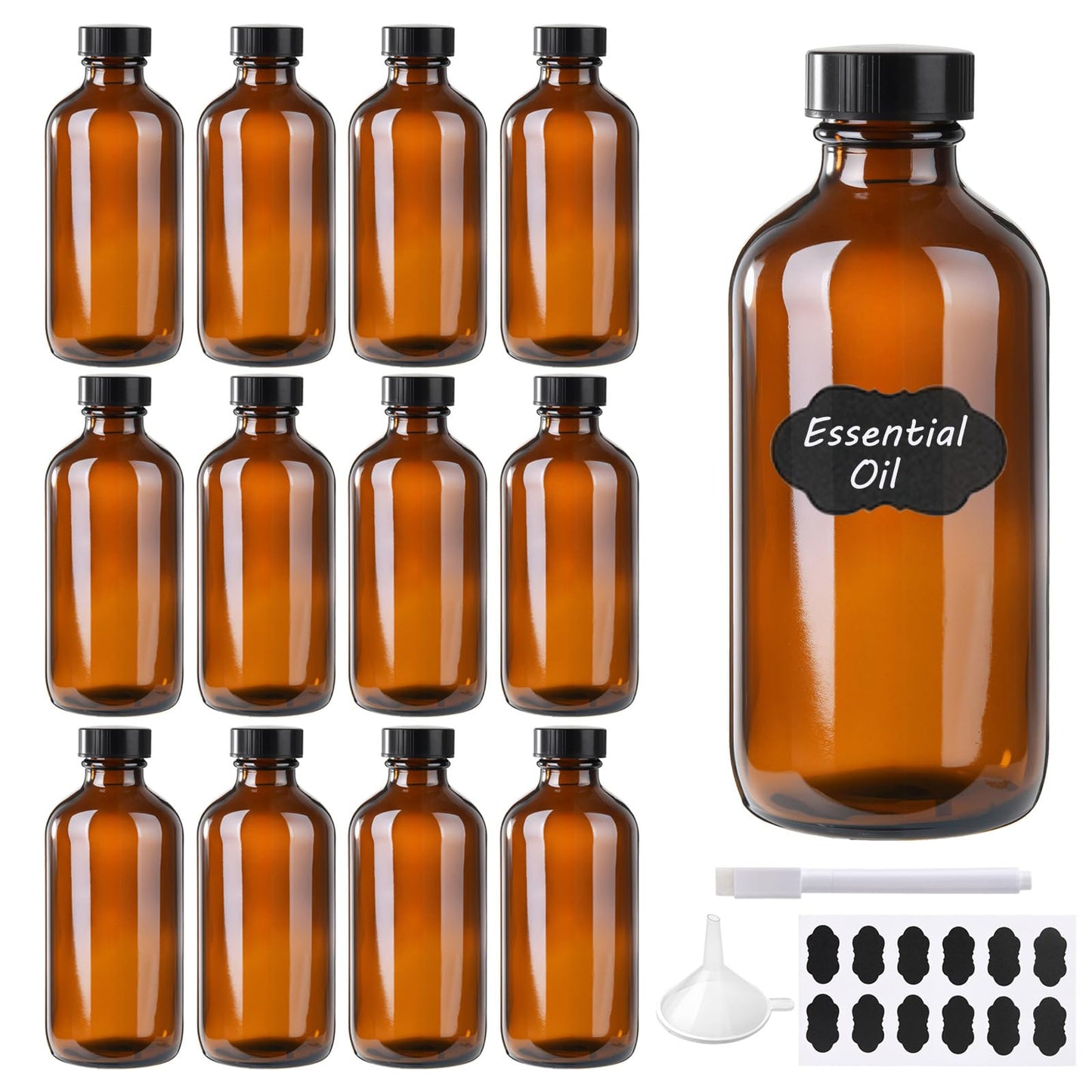 BPFY 12 Pack 8 oz Amber Glass Boston Bottle With Black Poly Cap, Funnel, Chalk Labels, Pen, Dispensing Bottles for Homemade Vanilla Extract, Essential