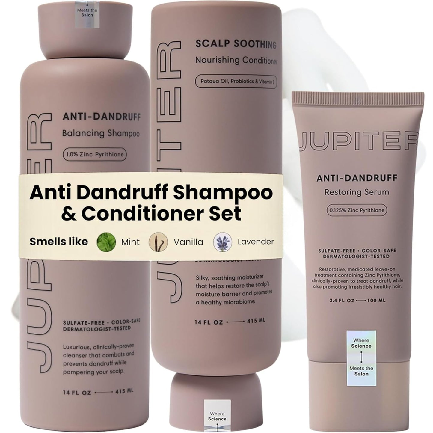 Jupiter Anti Dandruff Shampoo, Conditioner & Serum for Flaky, Itchy, Oily & Dry Scalp - Nourishes Scalp, Reduces Breakage & Flakes - Color-Safe