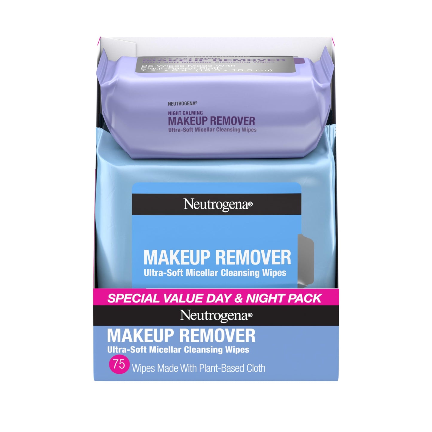 Neutrogena Day & Night Facial Cleansing Wipes, Makeup Remover Face Cleansing Towelettes & Night Calming Facial Cloths, 100% Plant Based Fibers Wipe