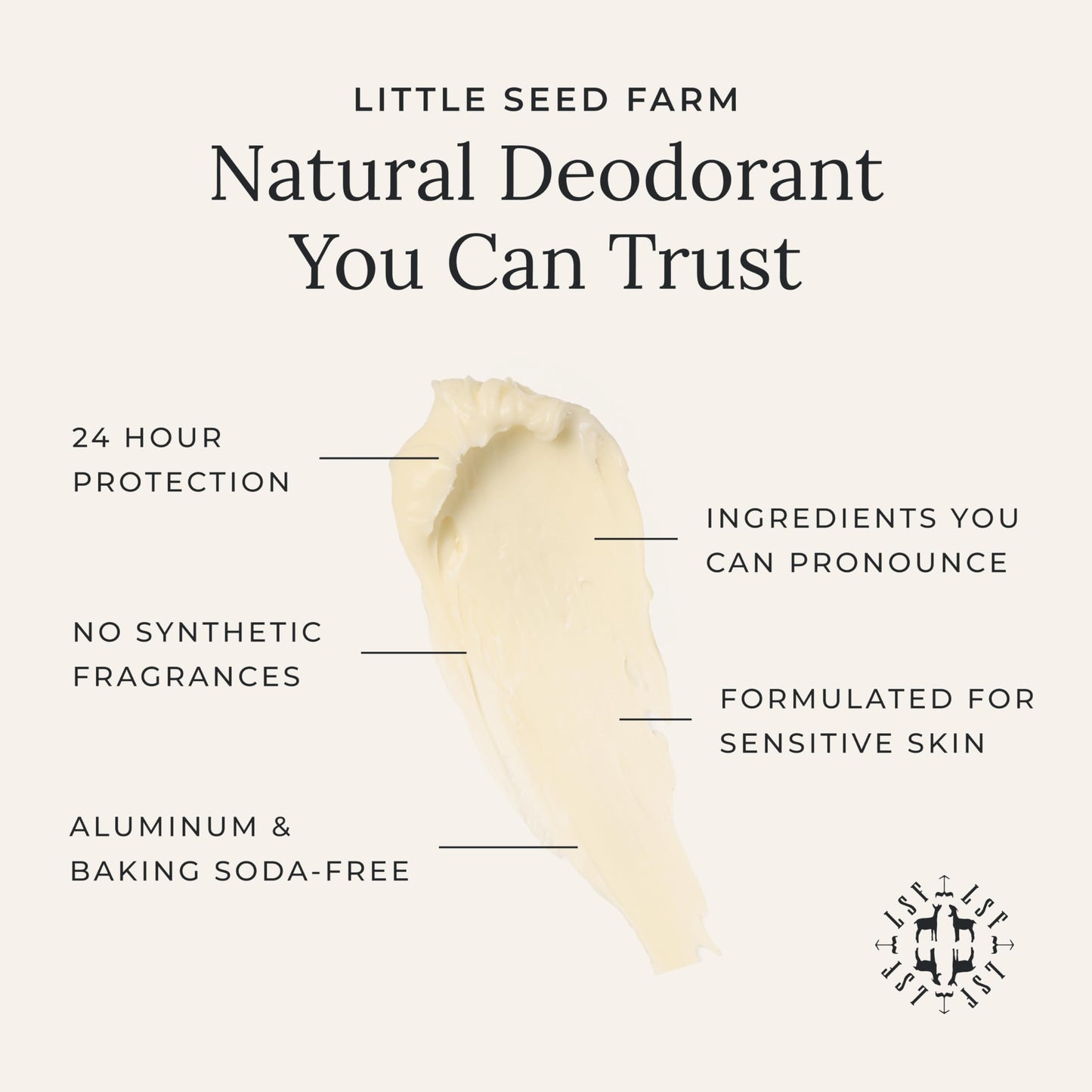 Little Seed Farm All Natural Deodorant Cream - Unscented - Aluminum Free Deodorant for Women or Men, Net Wt. 2.4oz | 68g