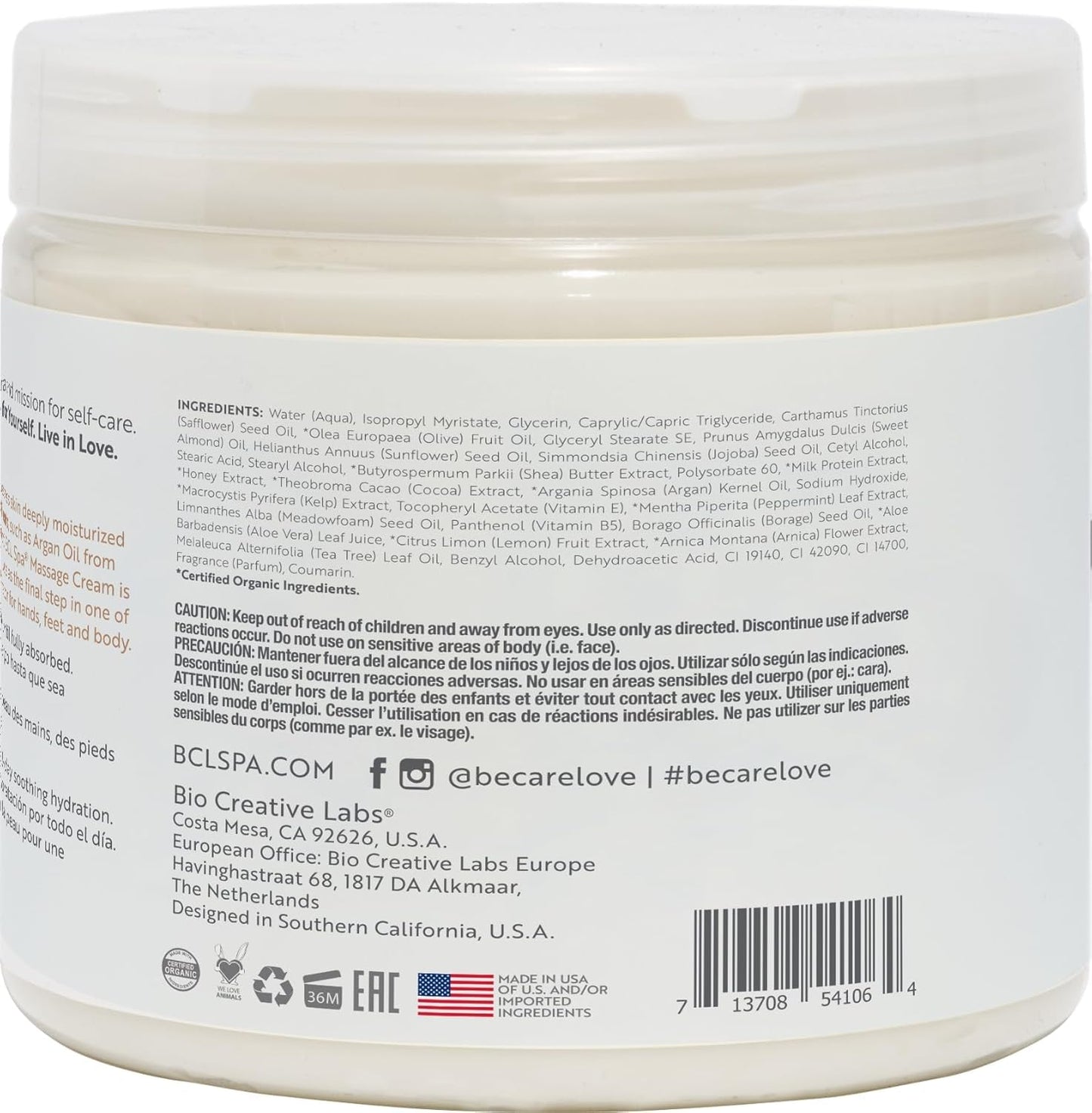 BCL SPA Massage Cream Organic Milk & Honey with White Chocolate Body Lotion, Shea Butter, Aloe Vera, Arnica, Peppermint, Kelp, Tea Tree, Olive, Argan