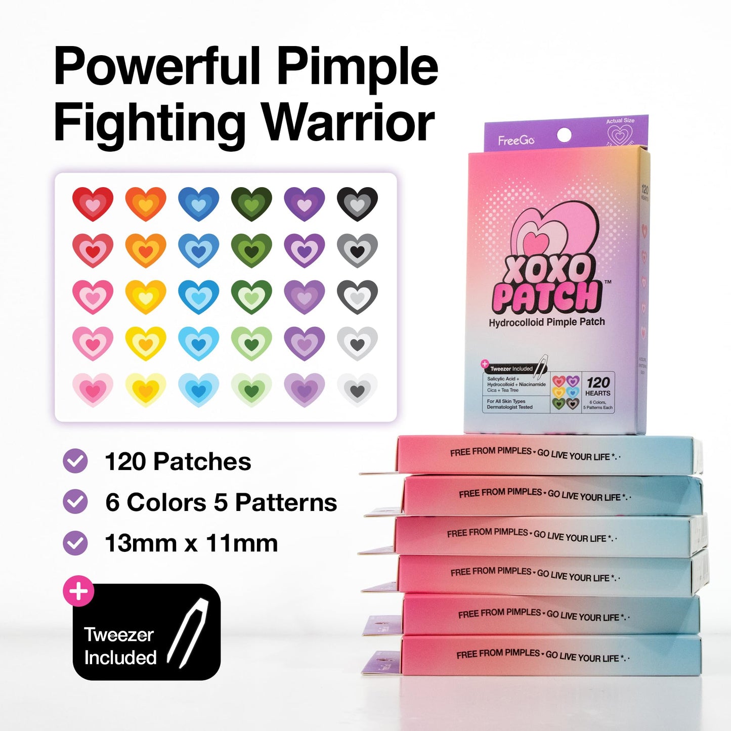 FreeGo XOXO Hydrocolloid Pimple Patch 120 Counts | Cute Colorful Heart Shape | Salicylic Acid, Niacinamide, CICA, Tea Tree | Made in Korea