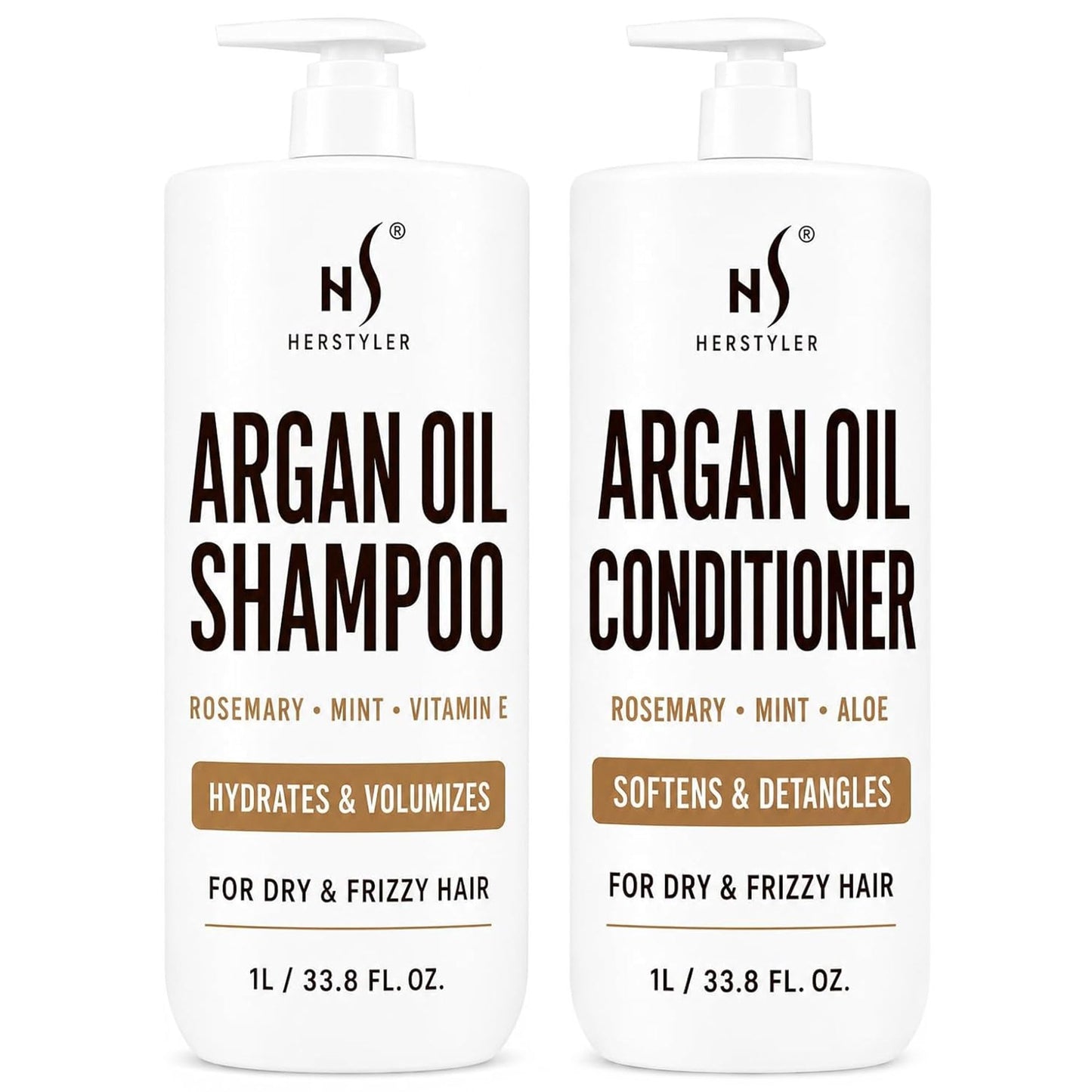 HerStyler Argan Oil Shampoo & Conditioner Set - Hydrating & Moisturizing for Dry, Damaged Hair - With Argan, Rosemary & Aloe - For Men & Women - 33.8