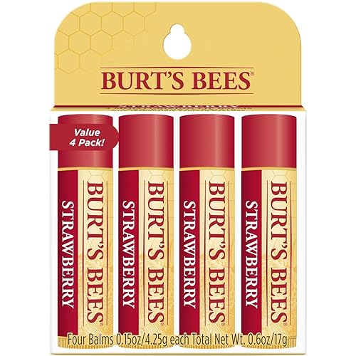 Burt's Bees 100% Natural Moisturizing Lip Balm, Strawberry with Beeswax & Fruit Extracts - 4 Tubes