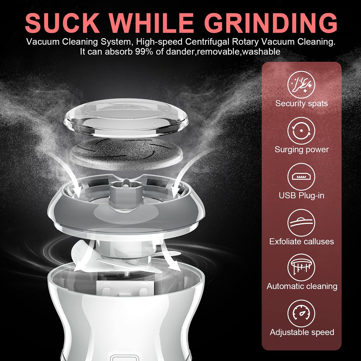 Professional Electric Feet Callus Remover,Portable Rechargeable Foot File Pedicure Tools with Vacuum Adsorption Foot Grinder 2 Speed 3 Grinding Heads