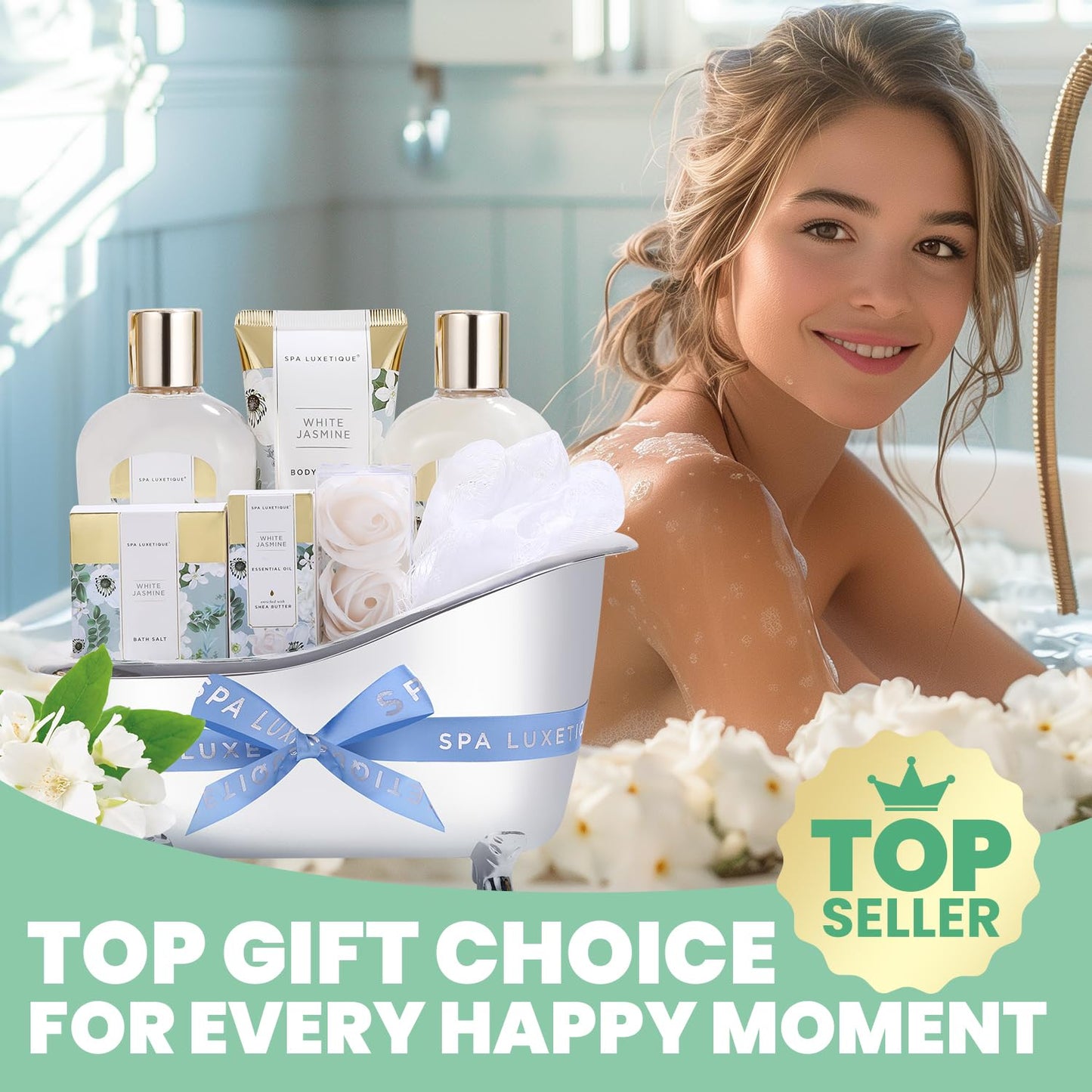 Spa luxetique Bath and Body Gifts for Women 8pcs Jasmine Scented Spa Sets with Bubble Bath Gift Baskets for Women Mother's Day Gifts for Mom