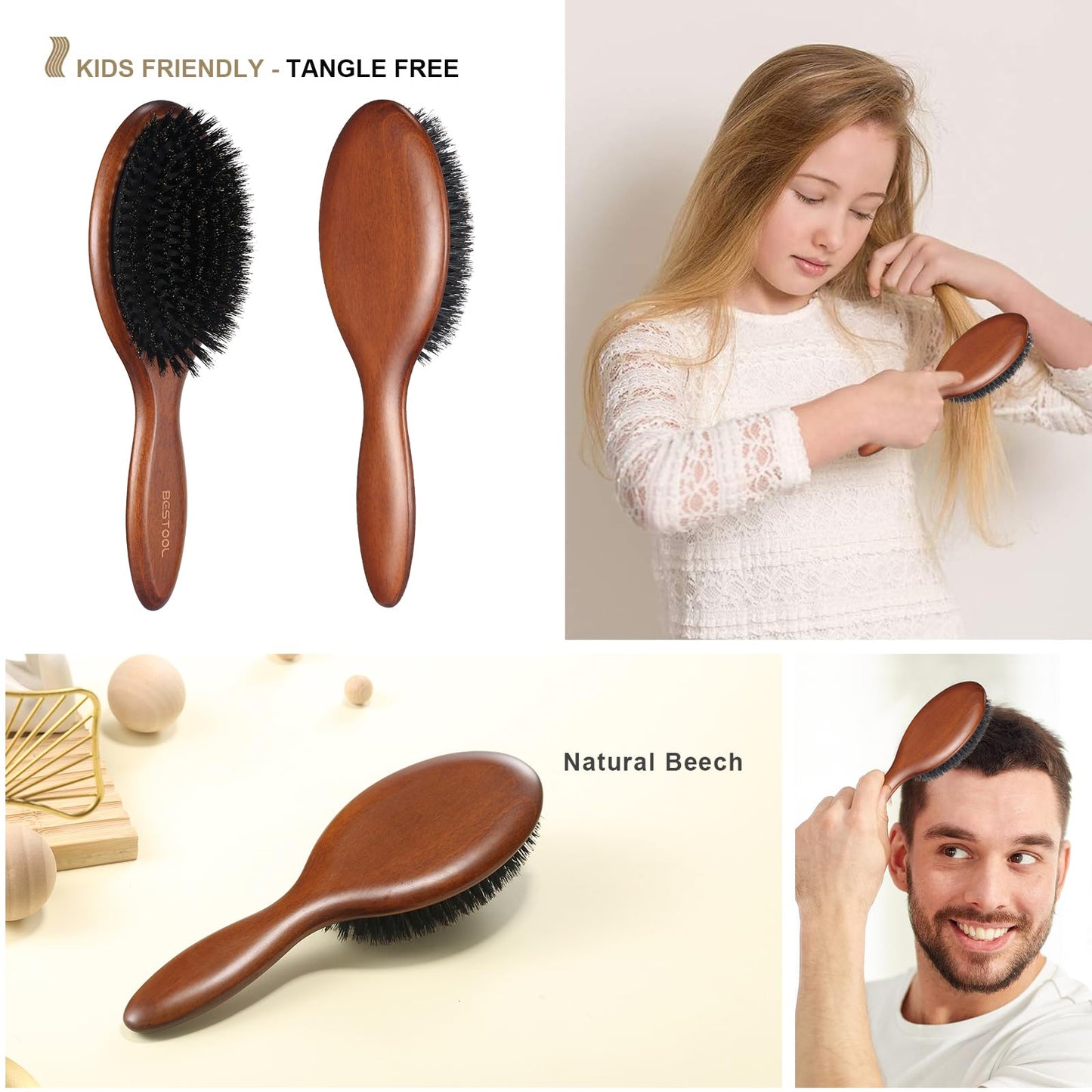 BESTOOL Hair Brush, Boar Bristle Hair Brushes for Women Men Kids, Boar Bristle Brush for Hair Smoothing, Everyday Brush Enhances Shine & Health Beauty and Personal Care BESTOOL