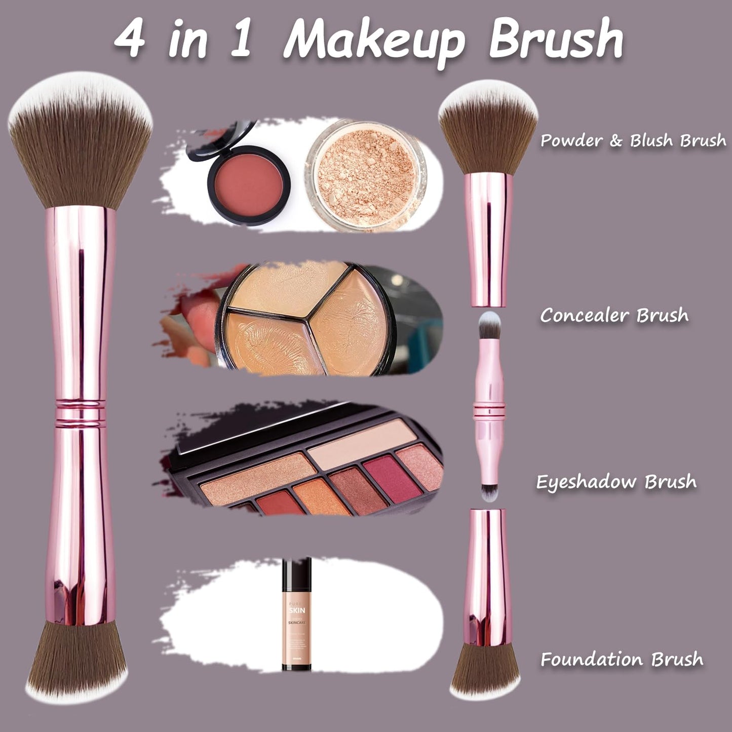 Voxora 4 in 1 Makeup Brush Set - All in One Powder/Blush, Foundation, Blending & Eyeshadow Brushes, Compact & Travel Essential