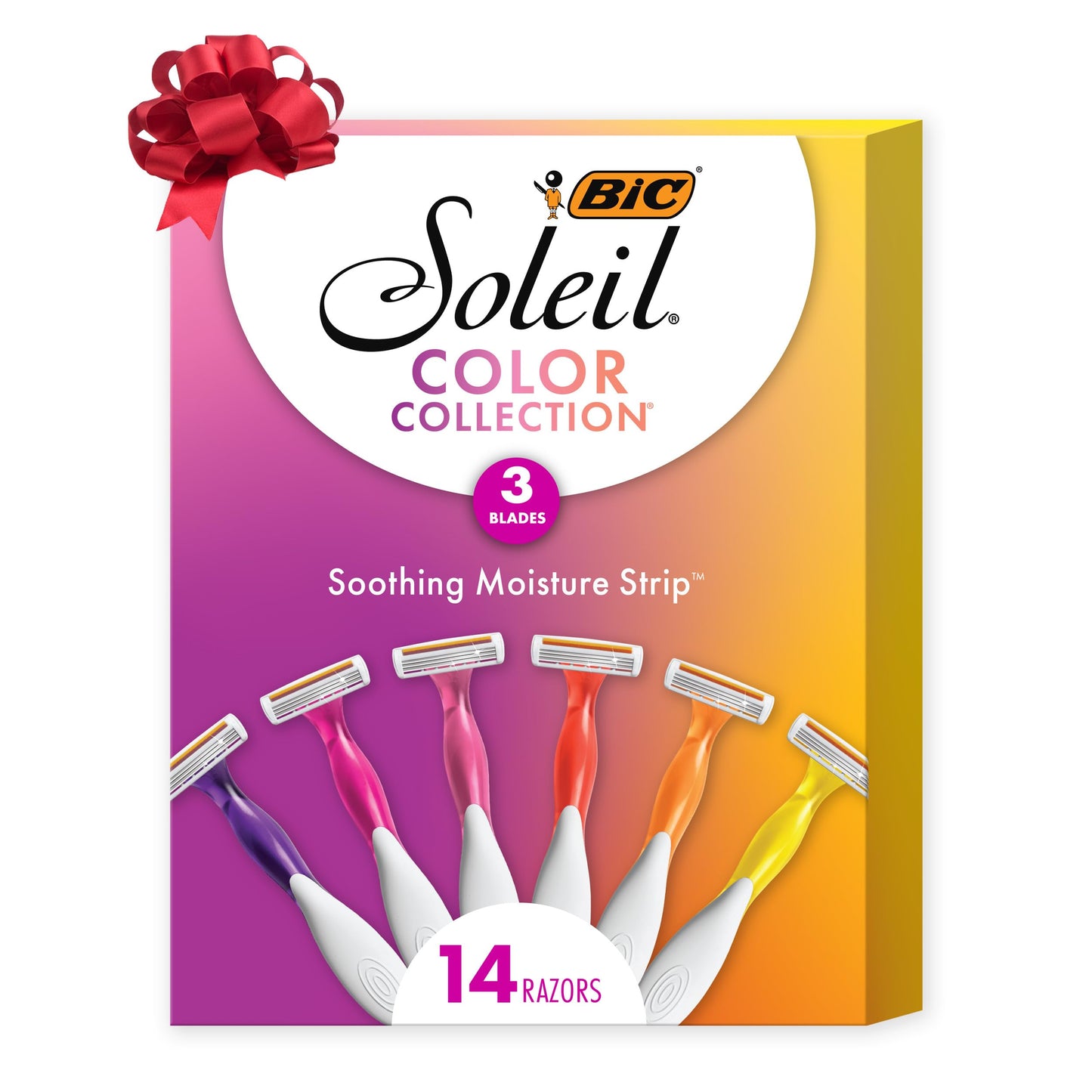 BIC Soleil 3 Colors Women's Disposable with 3 Blade Razors, Aloe Vera and Vitamin E Lubricating Strip for Enhanced Glide, 14-Pack, Stocking Stuffers