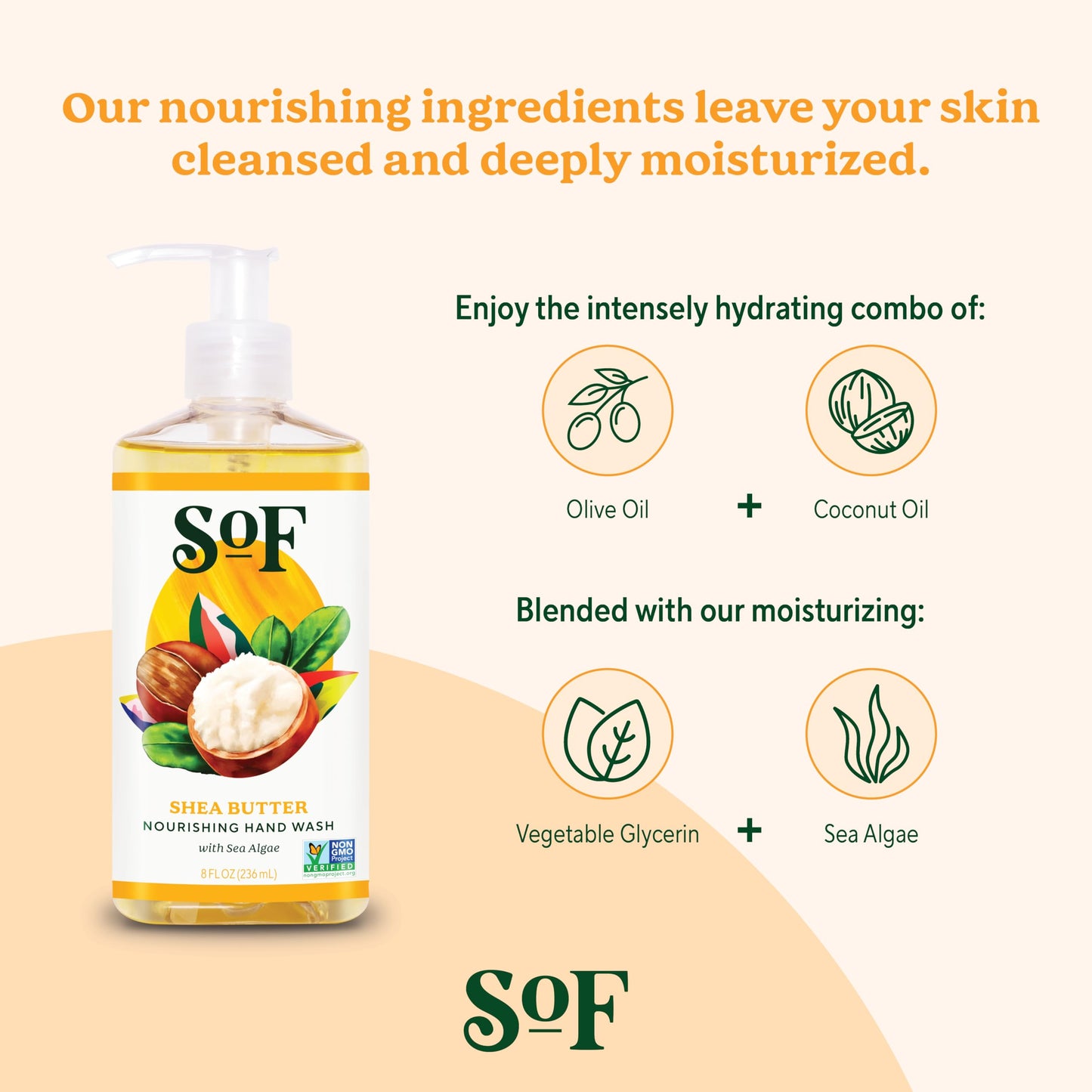 South Of France SoF Nourishing Hand Wash - With Moisturizing Sea Algae, Coconut & Olive Oil- Vegan & Non GMO- Free From Phthalates, Sulfates
