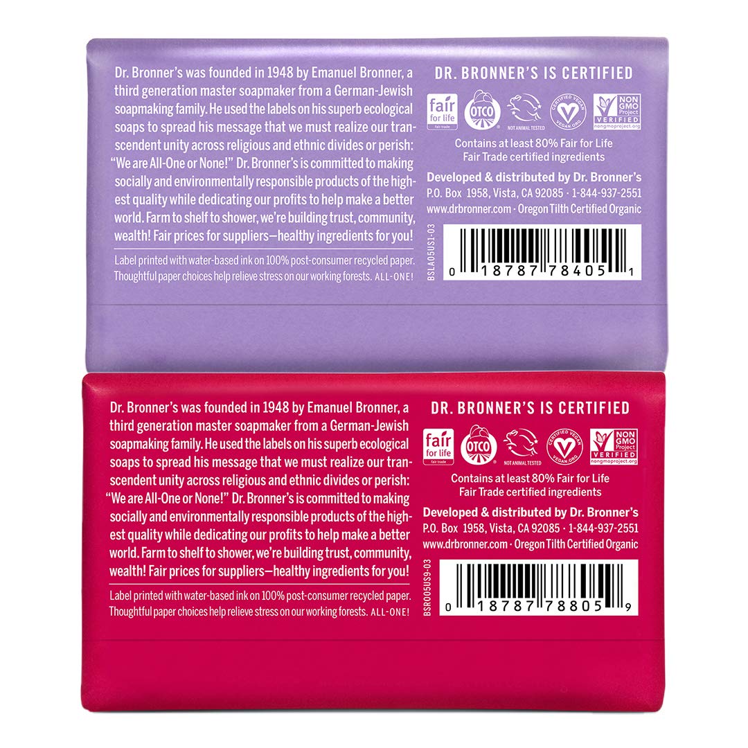 Dr. Bronner's - Pure-Castile Bar Soap (2-Pack Bundle, Rose & Lavender) - Made with Organic Oils, For Face, Body and Hair, Gentle and Moisturizing