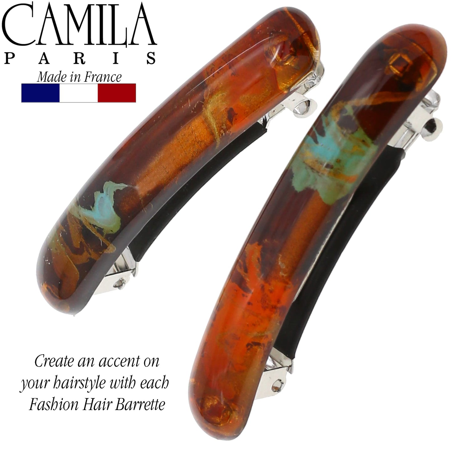 Camila Paris CP3328 French Hair Barrette Clip for Girls, Orange Small Set of 2 Strong Hold Grip Hair Clips for Women, No Slip Rubberized Automatic