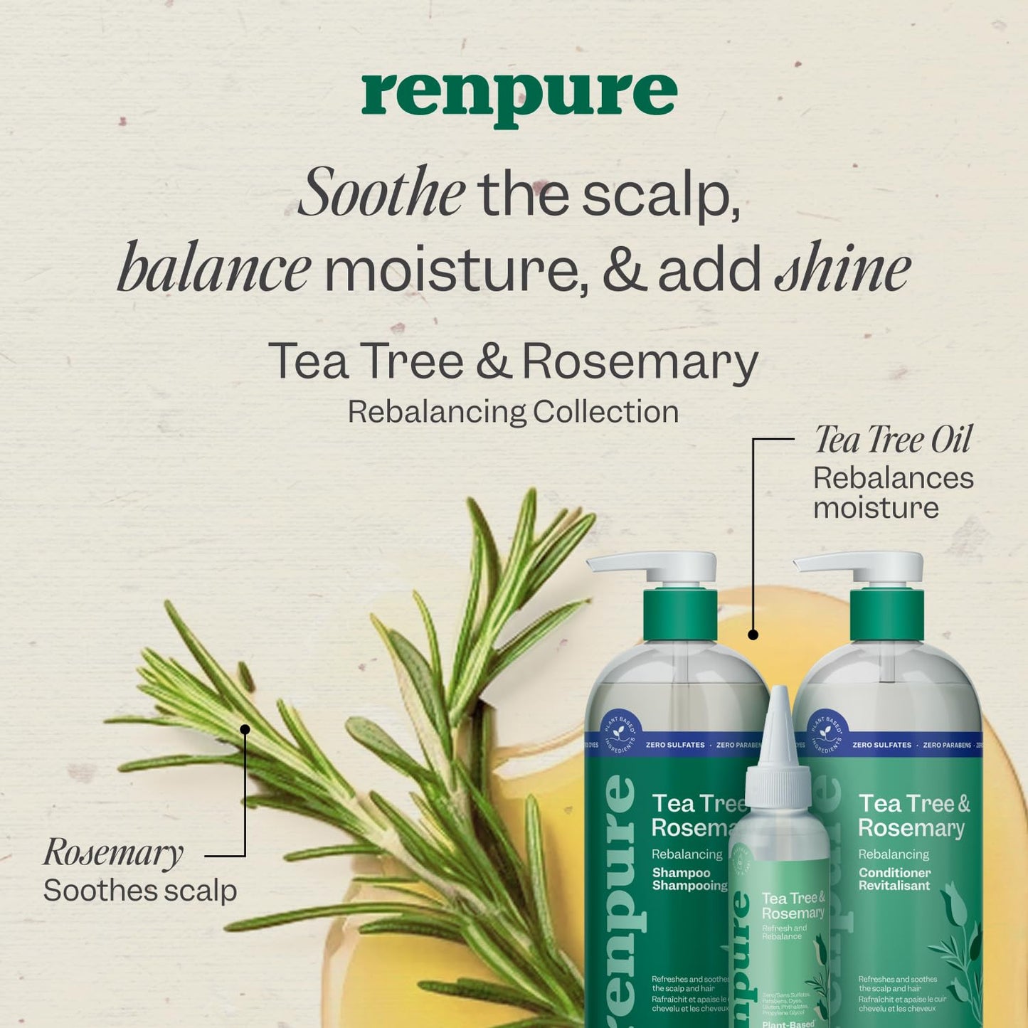 Renpure Tea Tree & Rosemary Shampoo and Conditioner Set, Plant Based - Refreshes & Rebalances Hair and Scalp - For Oily/Normal Hair - Tea Tree Leaf