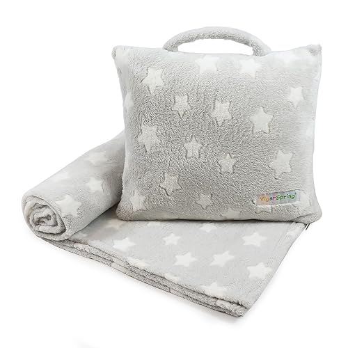 VigorSpring Travel Pillow and Blanket Set - Portable Comfort Item for Children - Grey Star Soft Kids Pillow Blanket (Star)